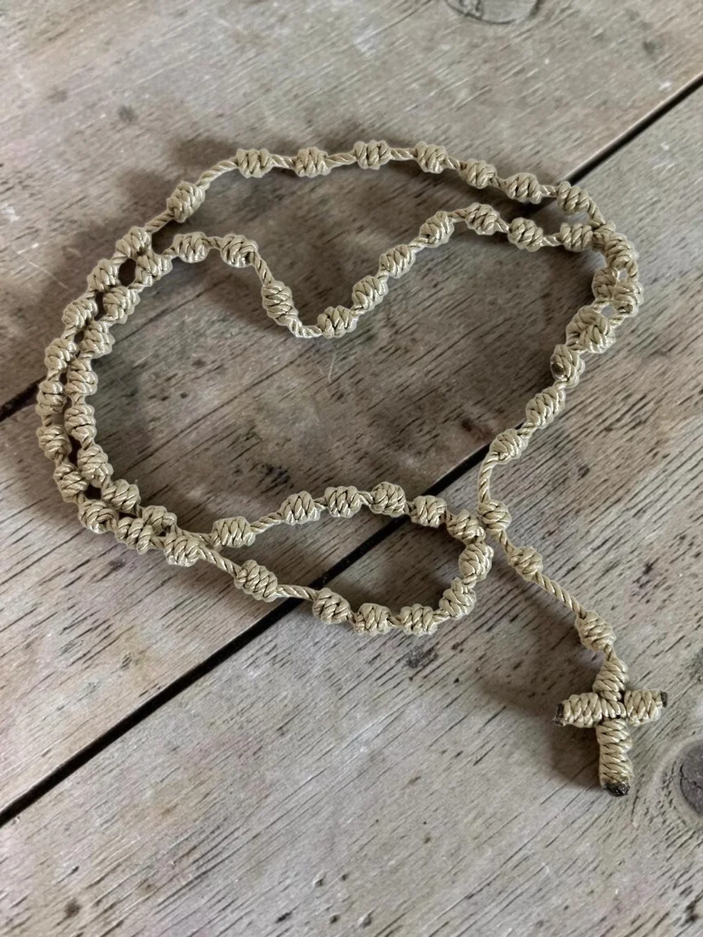 Handmade Knotted Rope Necklace with Cross Pendant - Beige